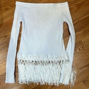Line & Dot Fringe Hem Boho festival top White Shirt Small bohemian women’s small